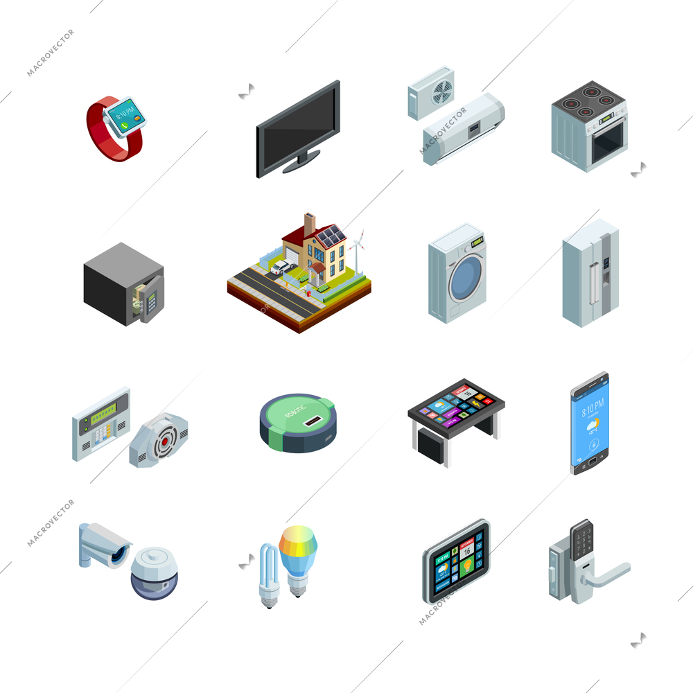 Smart home internet of things remote control system elements and appliances isometric icons collection isolated vector illustration