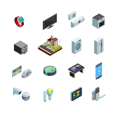 Smart home internet of things remote control system elements and appliances isometric icons collection isolated vector illustration