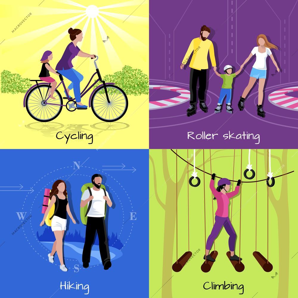 Active leisure concept with different recreations and activities in flat style vector illustration