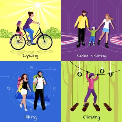 Active leisure concept with different recreations and activities in flat style vector illustration