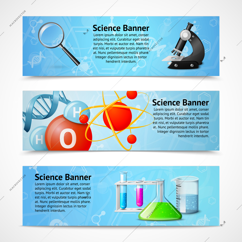 Science research education laboratory equipment banners isolated vector illustration