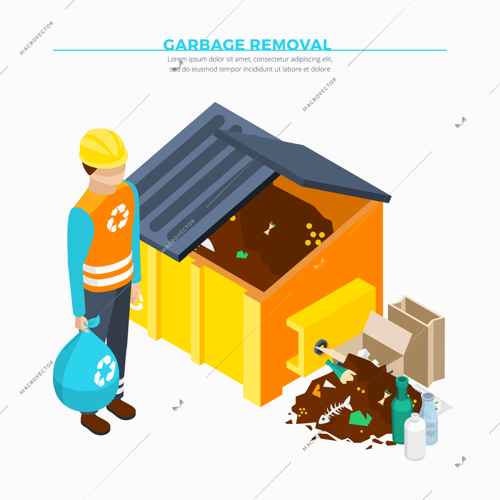 Garbage removal isometric poster with yellow waste container collector and heap of rubbish vector illustration