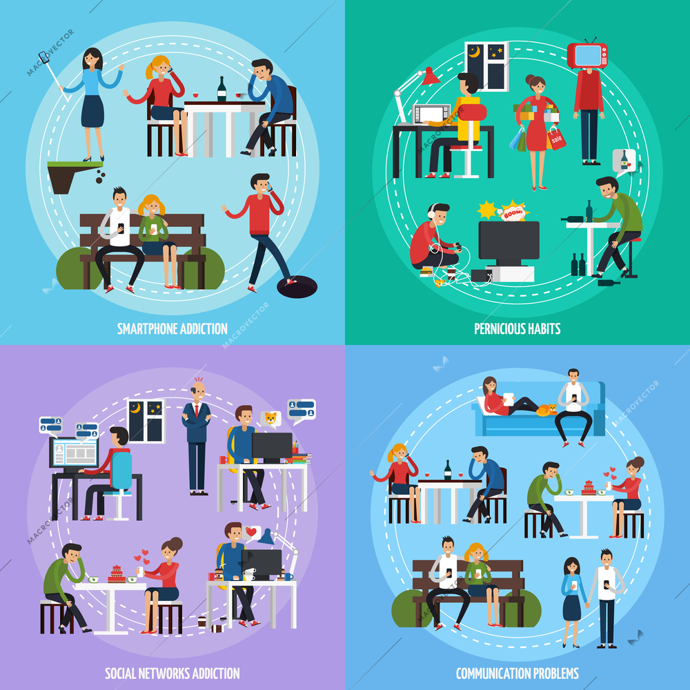 People obsessions template with different socical and person addictions and problems in flat style vector illustration