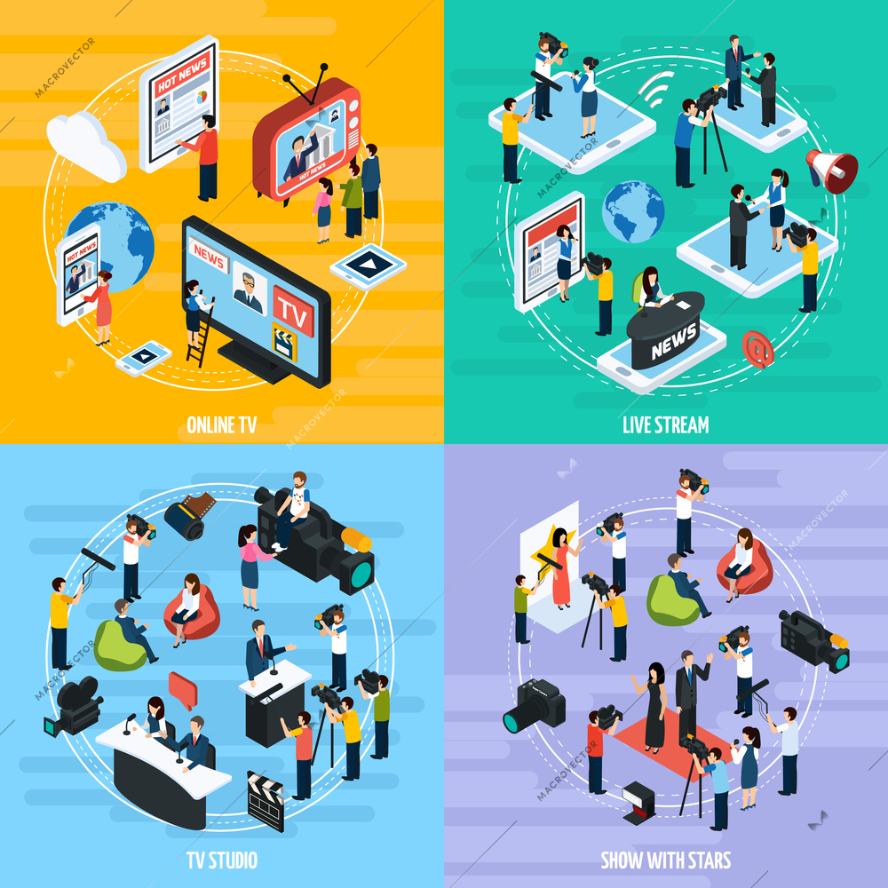 Media network isometric template with reportes journalists newsman and correspondents isolated vector illustration