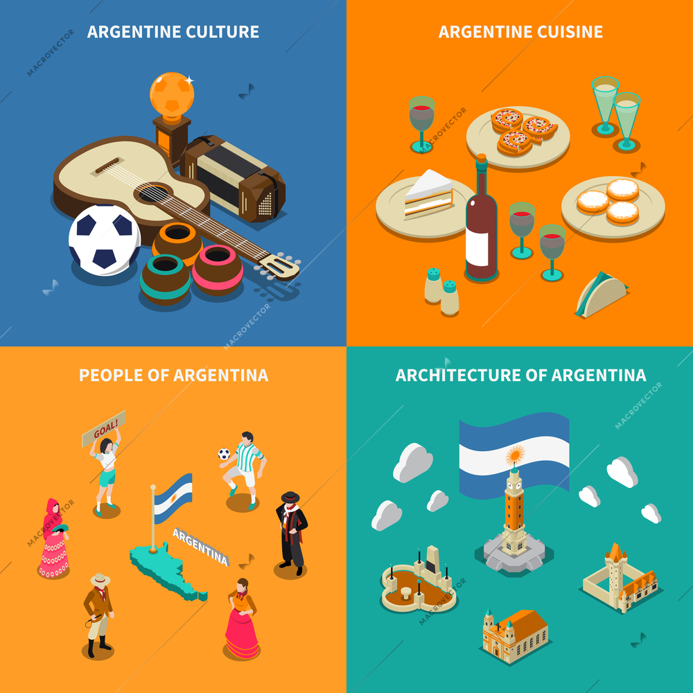 Argentina culture traditions and national  cuisine dishes for tourists 4 isometric icons square poster isolated vector illustration
