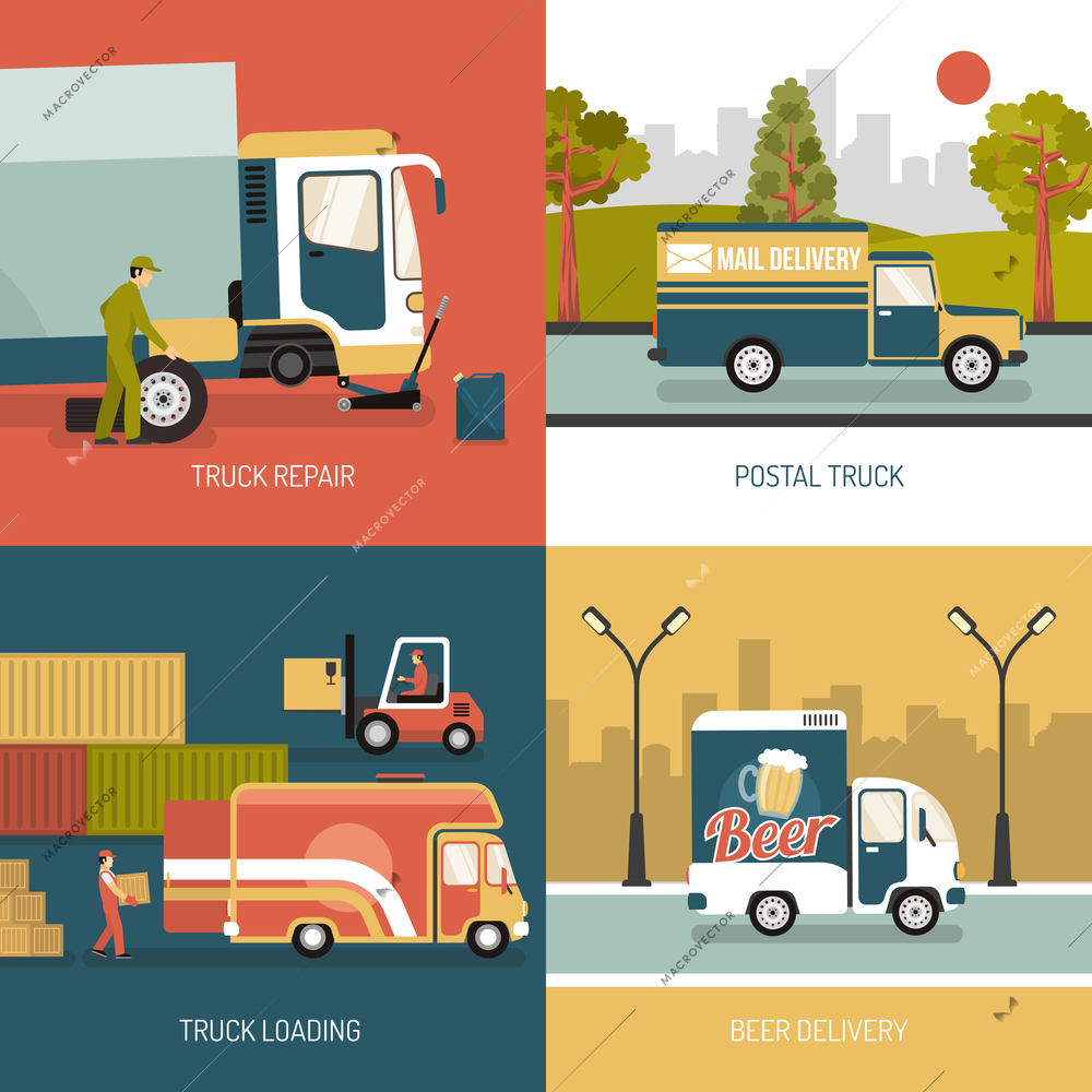 Workers repairing and loading delivery and postal trucks flat isolated vector illustration