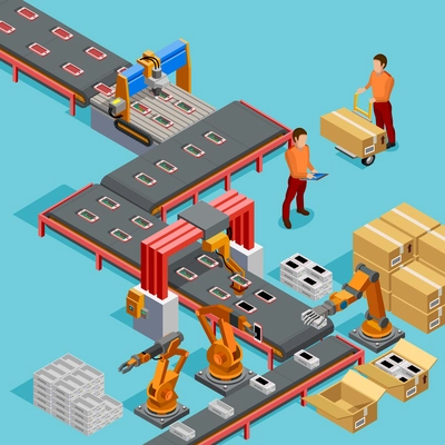 Automated factory assembly line with robotic arm and conveyor belt controlled manufacturing process isometric poster vector illustration