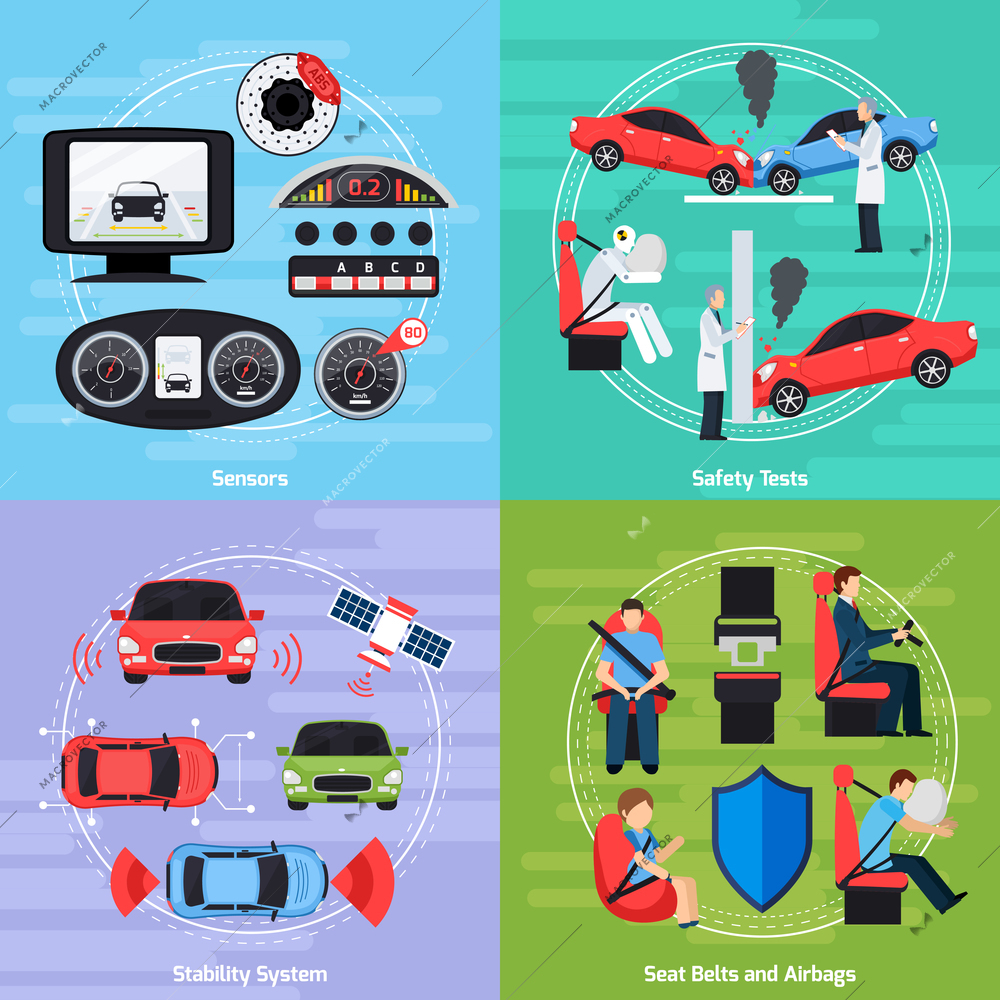 Car safety systems template with crash tests and equipment of auto conditions control isolated vector illustration