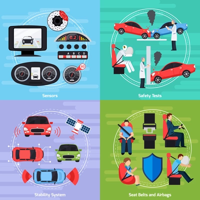 Car safety systems template with crash tests and equipment of auto conditions control isolated vector illustration