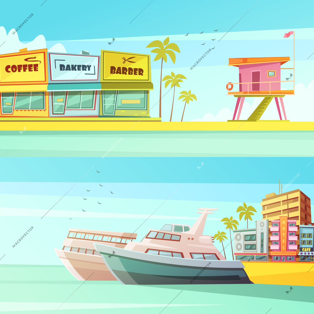 Miami beach horizontal banners in cartoon style with sandy shore seagulls yachts hotels  flat vector illustration
