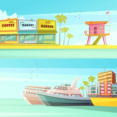 Miami beach horizontal banners in cartoon style with sandy shore seagulls yachts hotels  flat vector illustration