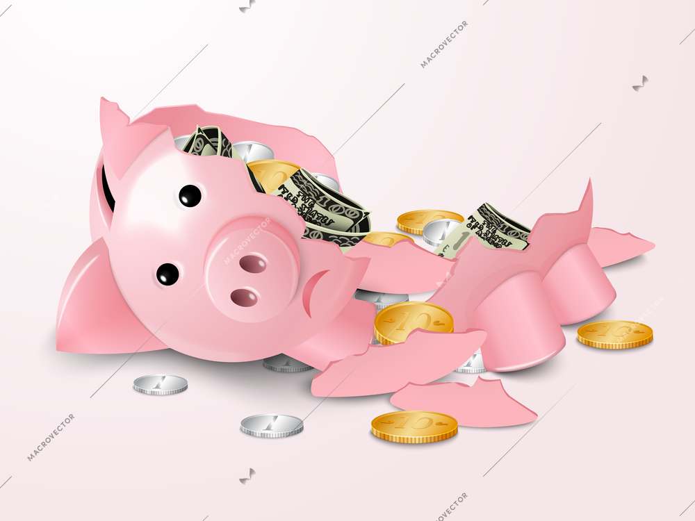 Sad broken piggy bank money safe box with dollar banknotes and coins concept vector illustration