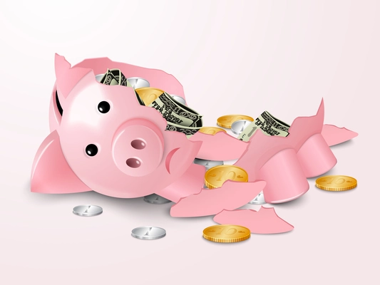 Sad broken piggy bank money safe box with dollar banknotes and coins concept vector illustration