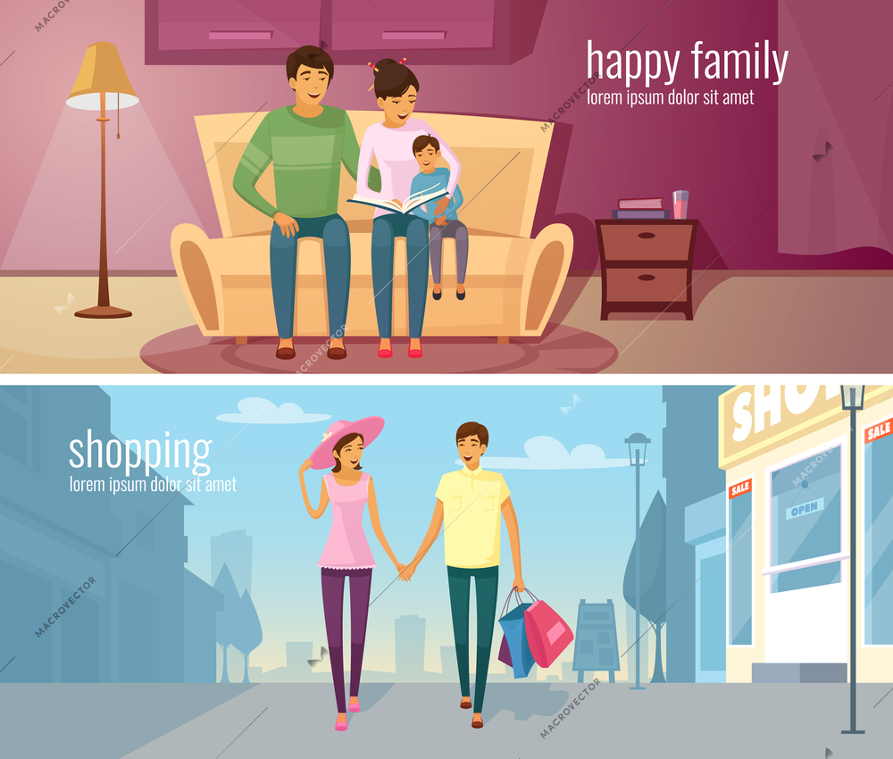 Eastern people two horizontal banners with young couple in modern home interior and outdoor at urban background vector cartoon illustration