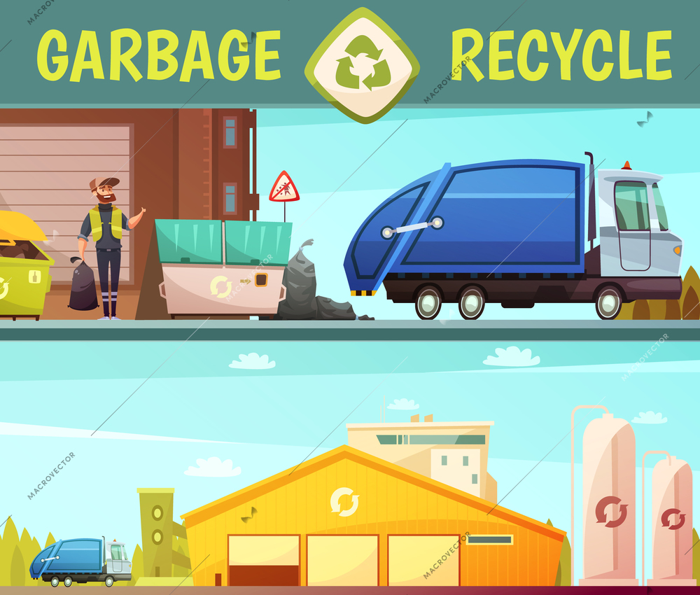 Garbage recycling green  eco friendly service symbol and processing facilities 2 cartoon style banners isolated vector illustration