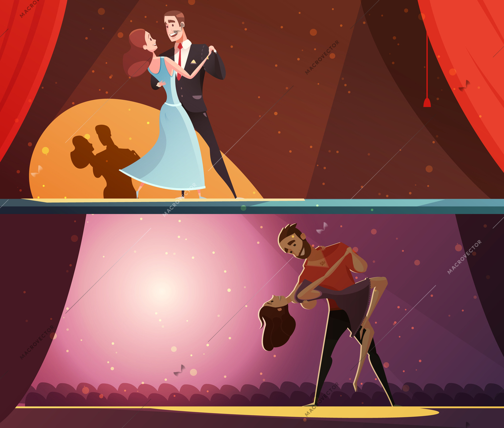 Retro dance studio 2 horizontal cartoon banners set with classic walz and rhumba performance isolated vector illustration