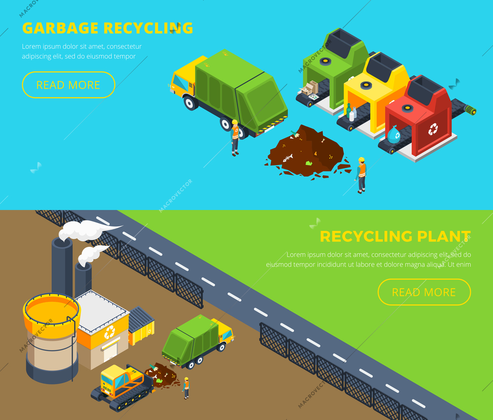 Horizontal isometric banners of garbage recycling with sorting lines and plant with factory territory and building vector illustration