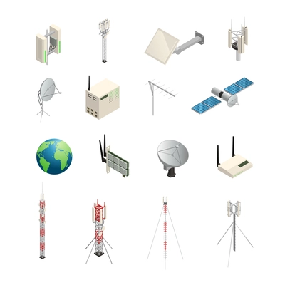 Isometric icons set of wireless communication equipments like towers satellite antennas router and other isolated vector illustration