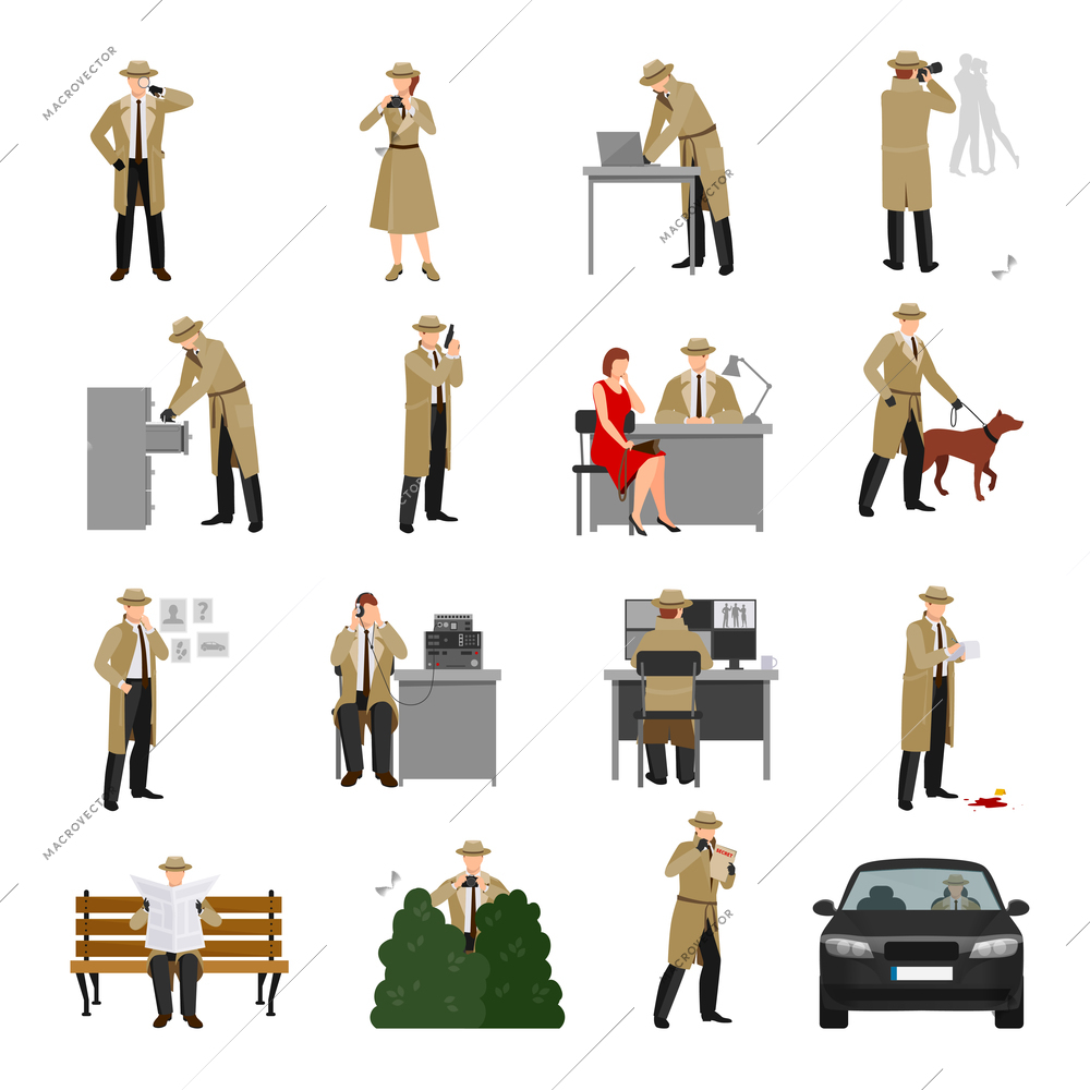 Detective characters collection with agent in different poses and situations in flat style isolated vector illustration