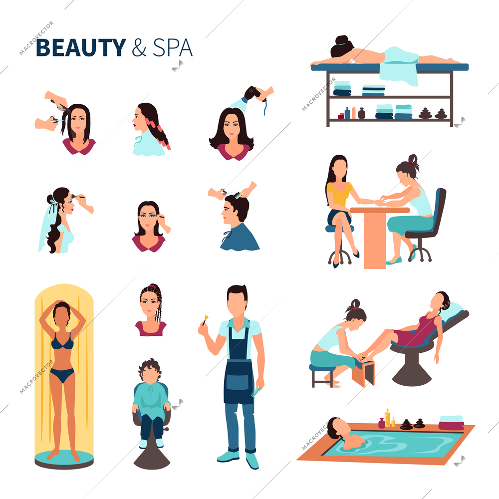 Flat beauty salon spa set with male and female people and various beauty procedures on white background vector illustration