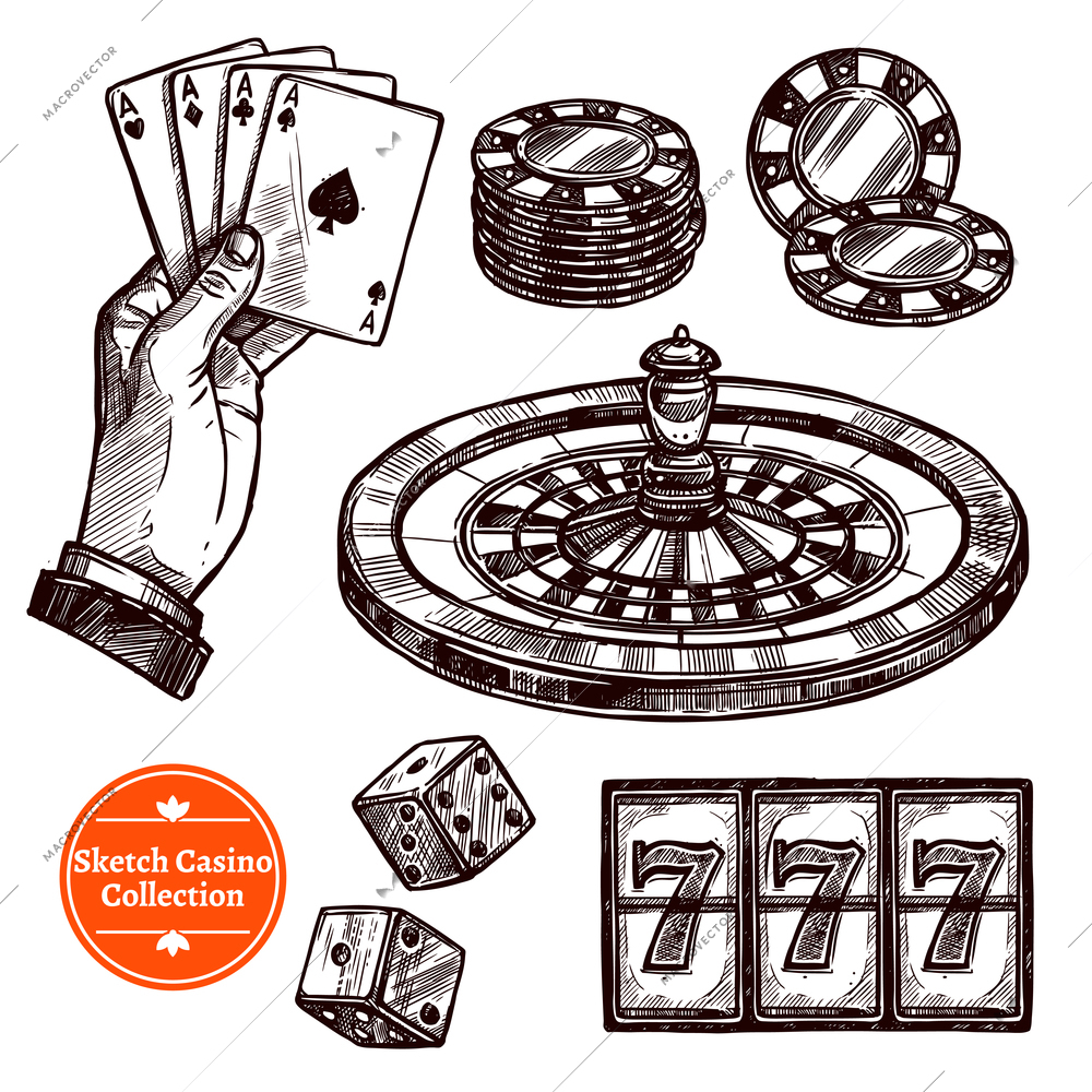 Hand drawn sketch casino collection with roulette cards chips jackpot dice elements vector illustration