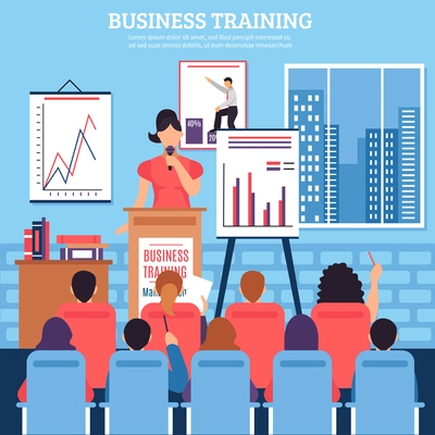 Business training template with lecturer audience at seminar on employee development in flat style vector illustration