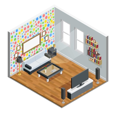 Living room isometric design with table chair and TV vector illustration