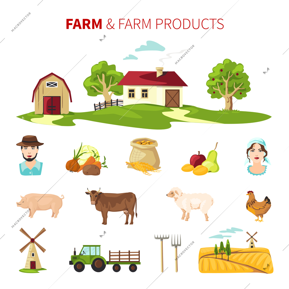 Flat farming set with farm products farmhouse farmers and equipment isolated on white background vector illustration