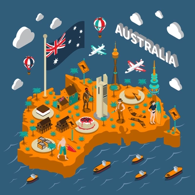 Australian touristic isometric map with national cuisine landmarks wildlife popular sport and surfers symbols poster vector illustration