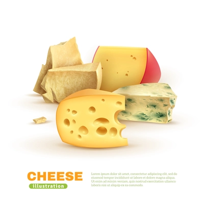 Colorful cheese template with dorblu edam maasdam parmesan on white background isolated vector illustration