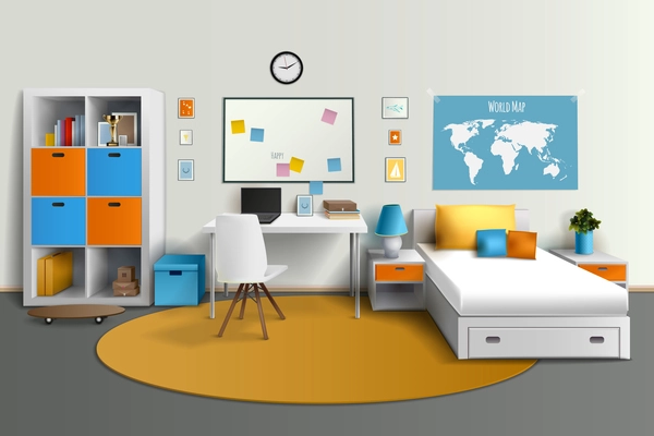 Young teenager room interior design with bed computer table and whiteboard studyspace realistic side view image vector illustration