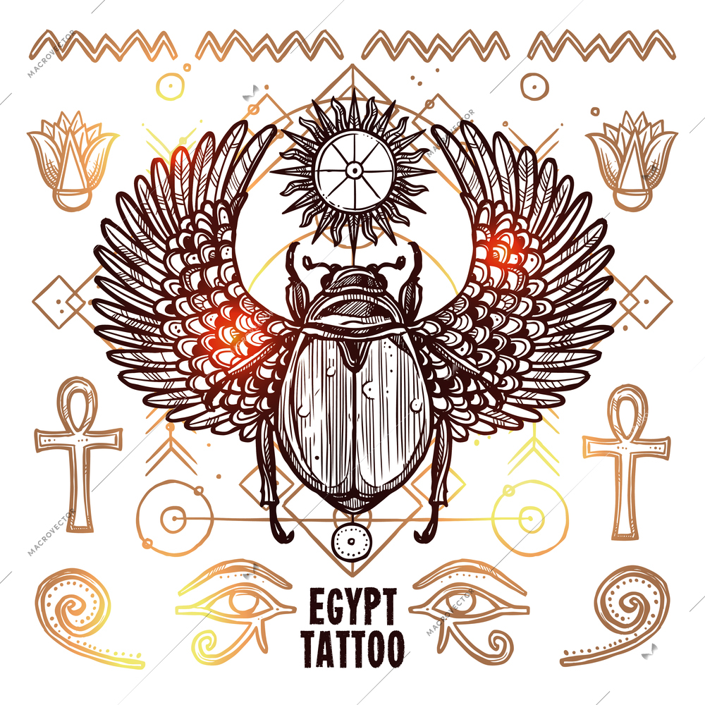 Occult Tattoo Sketch Poster. Beetle Hand Drawn Tattoo. Magic Modern Tattoo Vector Illustration. Ethnic Occult Tattoo Background. Egypt Occult Tattoo Design.