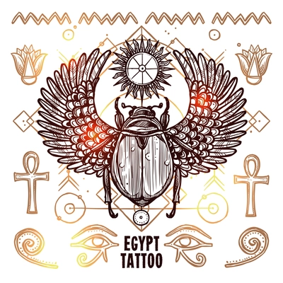 Occult Tattoo Sketch Poster. Beetle Hand Drawn Tattoo. Magic Modern Tattoo Vector Illustration. Ethnic Occult Tattoo Background. Egypt Occult Tattoo Design.