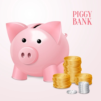 Funny pink piggy bank money box with coins and money tower print vector illustration