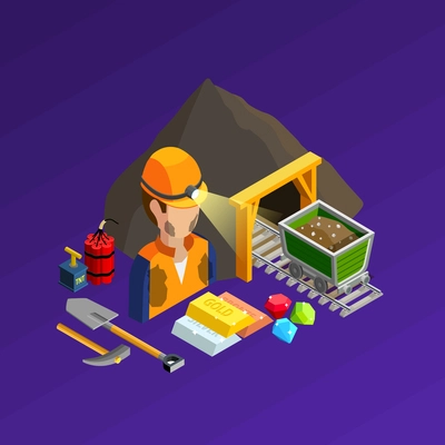 Mining work isometric concept with equipment dynamite and products vector illustration