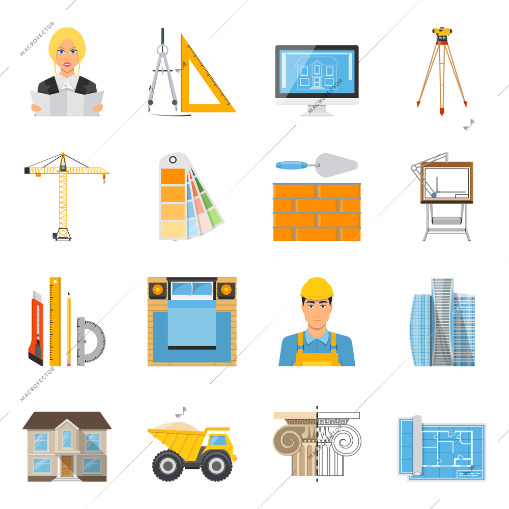 Architect flat colored icons collection with tools for measurement and drafting brick wall  crane facade decor elements isolated vector illustration