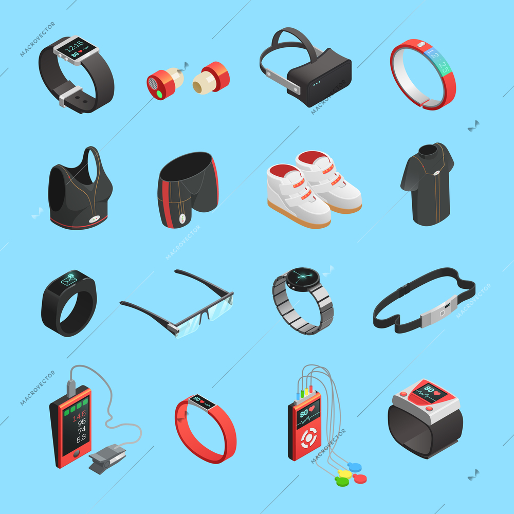 Wearable technology isometric icons set with portable digital devices isolated vector illustration