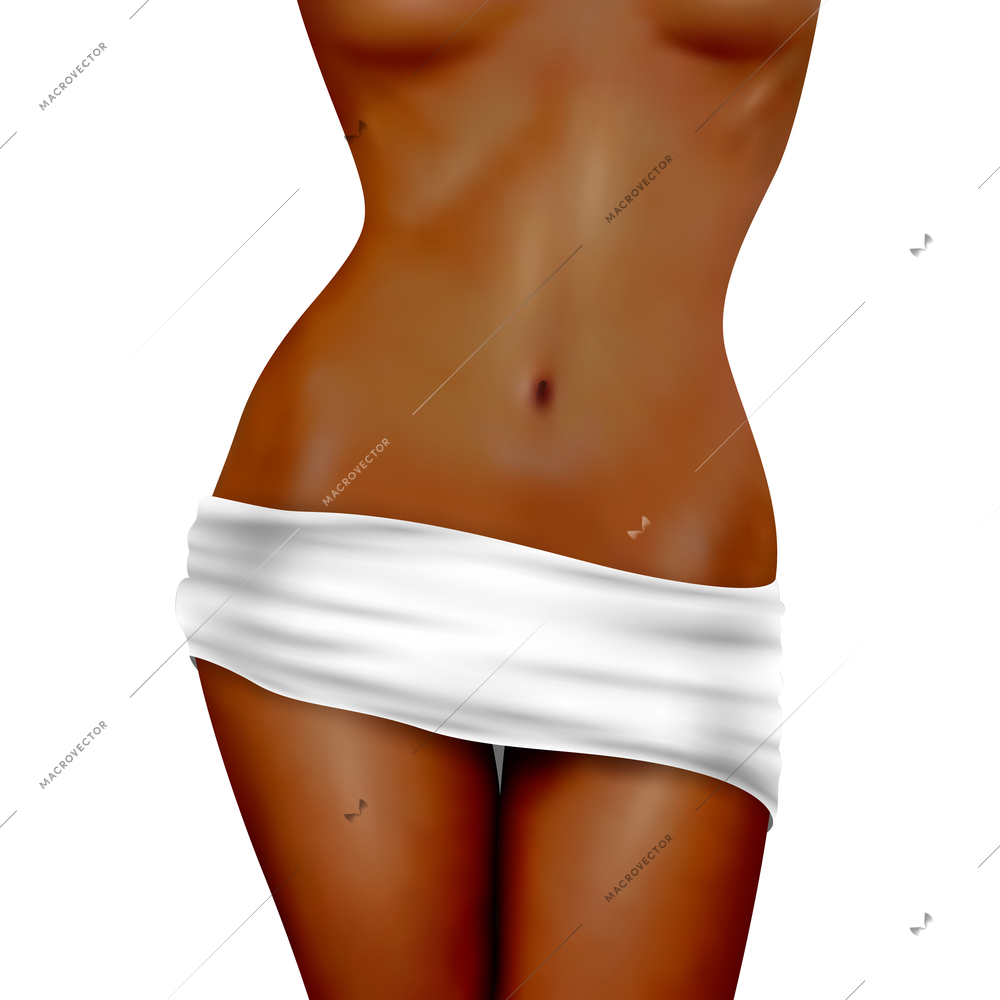 Realistic beautiful dark skin slim naked female body with white towel vector illustration