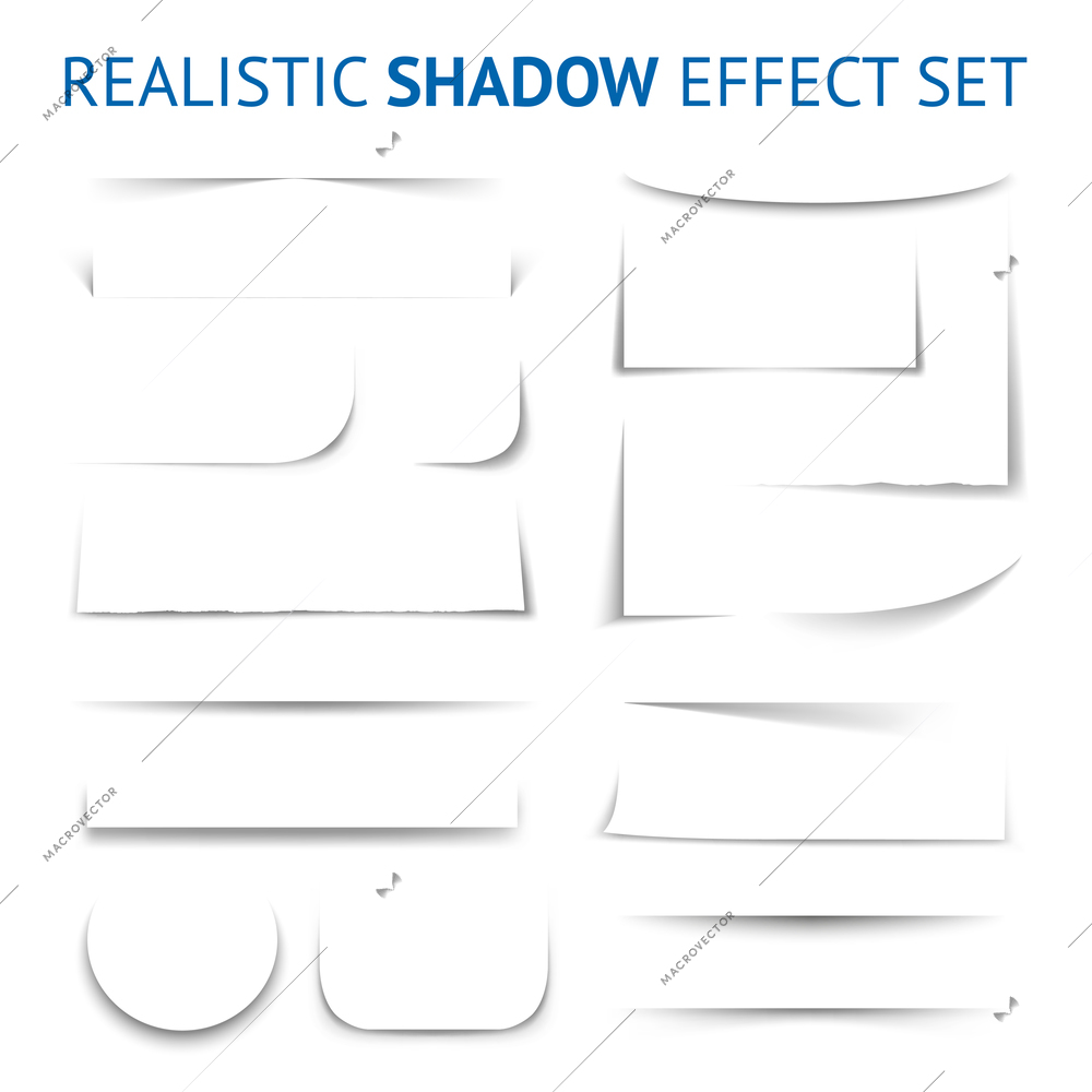 Realistic shadow effect collection with white paper sheet of different shapes and forms isolated vector illustration