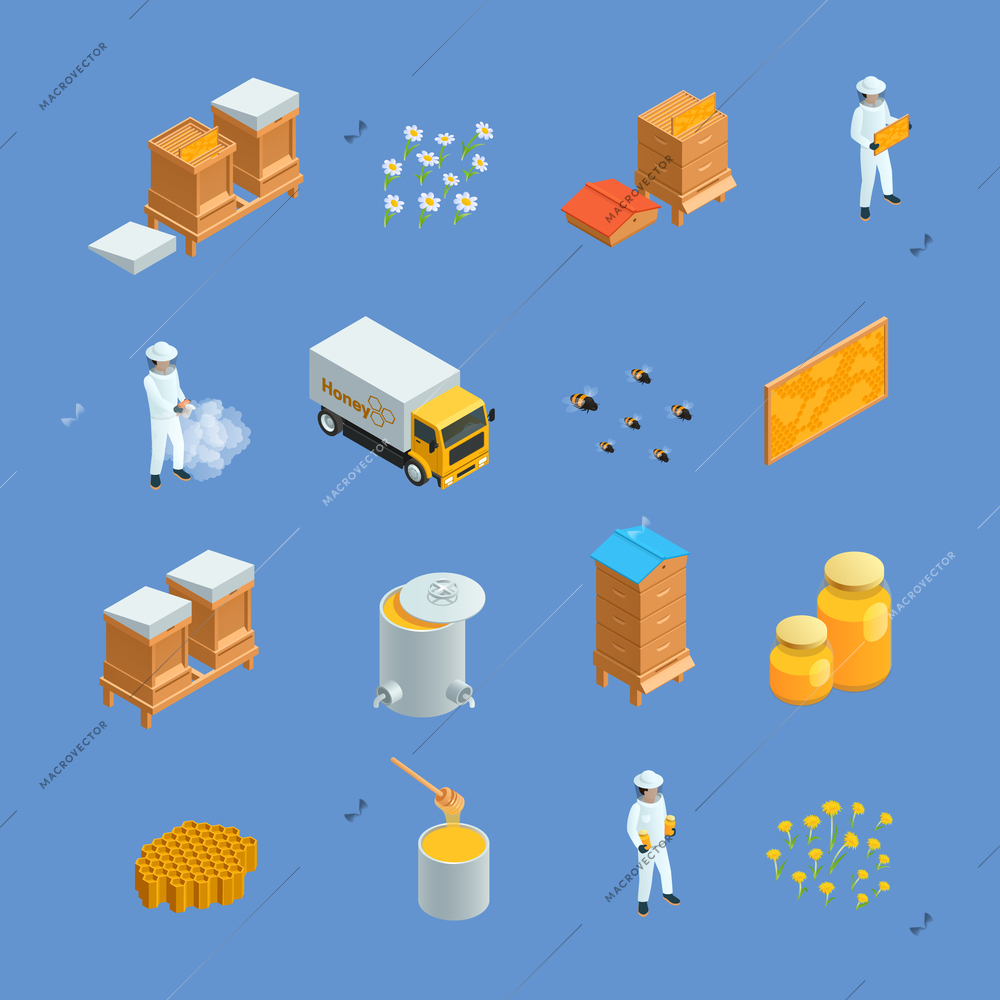 Isometric icons set of different beekeeping apiary elements like honey bee hives apiarist isolated vector illustration