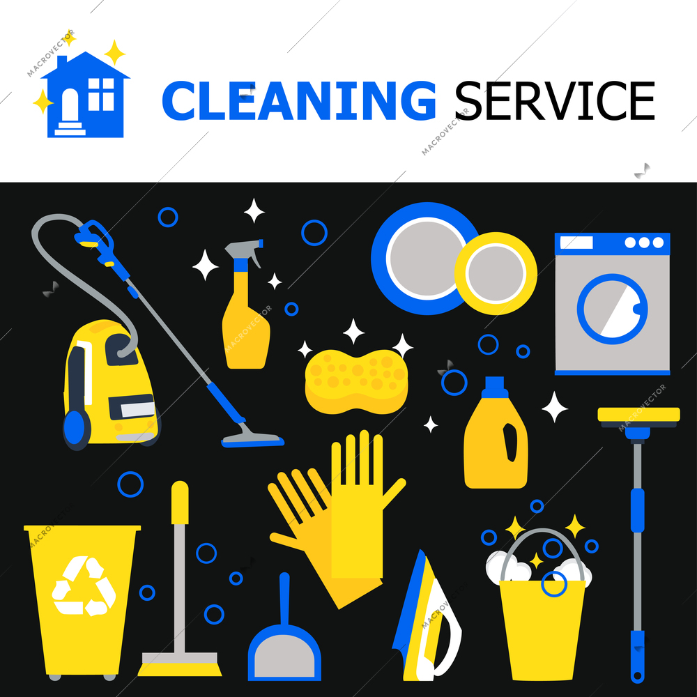 Cleaning equipment collection with hoover iron bucket washing machine gloves broom spray sponge mop isolated vector illustration