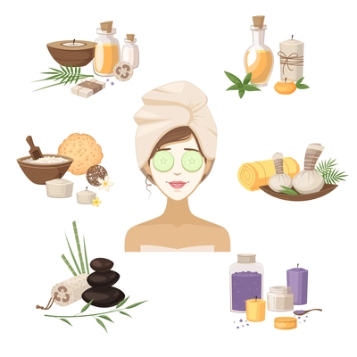 Spa beauty elements with woman mask stones oils and creams isolated vector illustration
