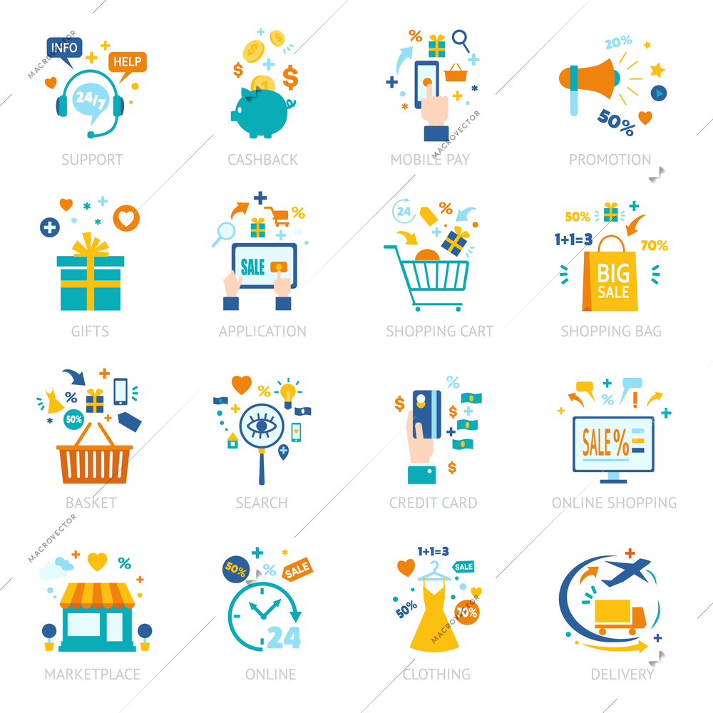 Online shopping icons set with different marketing financial technologic banking elements and devices isolated vector illustration