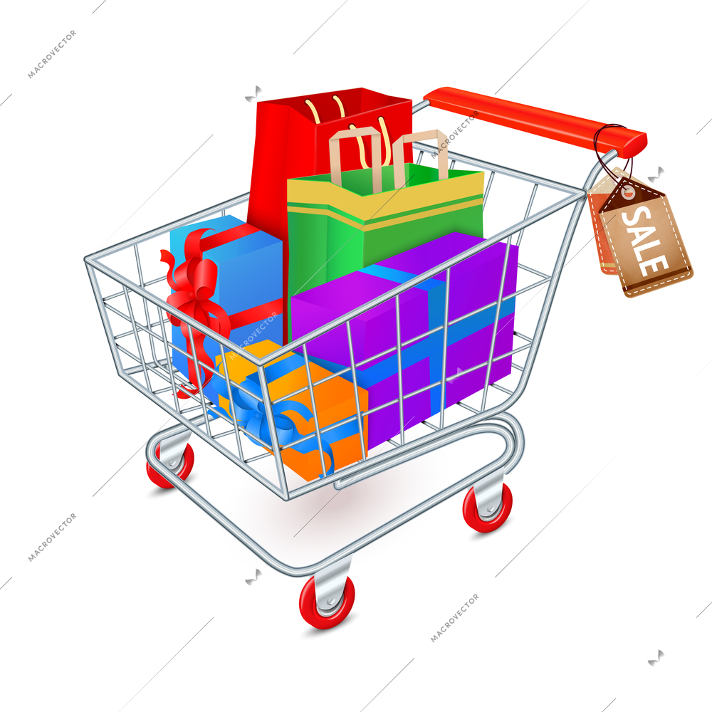 Supermarket shopping cart 3d full of gift boxes and bags with sale tags vector illustration