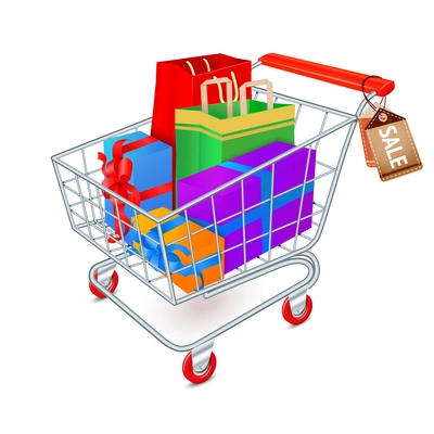 Supermarket shopping cart 3d full of gift boxes and bags with sale tags vector illustration