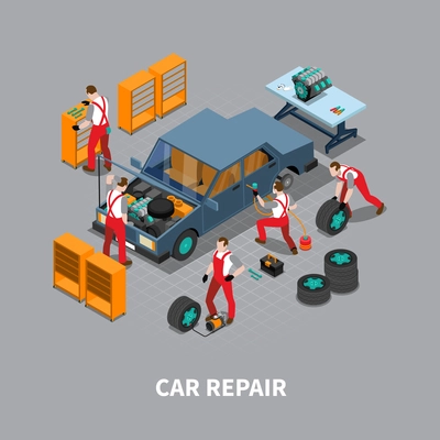 Automobile repair shop with  car undergoing maintenance service in garage isometric composition poster print abstract vector illustration