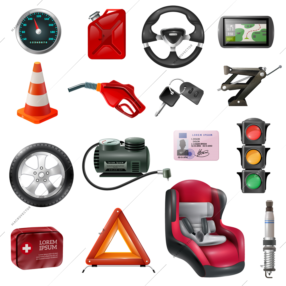 Car maintenance set of different auto accessories and equipment on white background isolated vector illustration