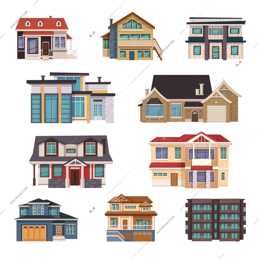 Suburban houses collection of different construction and architecture in flat style isolated vector illustration