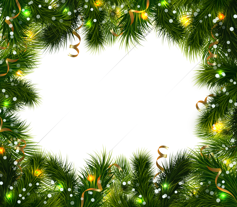 Christmas decorative background with green fir branches colorful festive ribbons and balls vector illustration