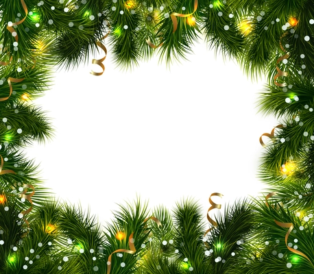 Christmas decorative background with green fir branches colorful festive ribbons and balls vector illustration